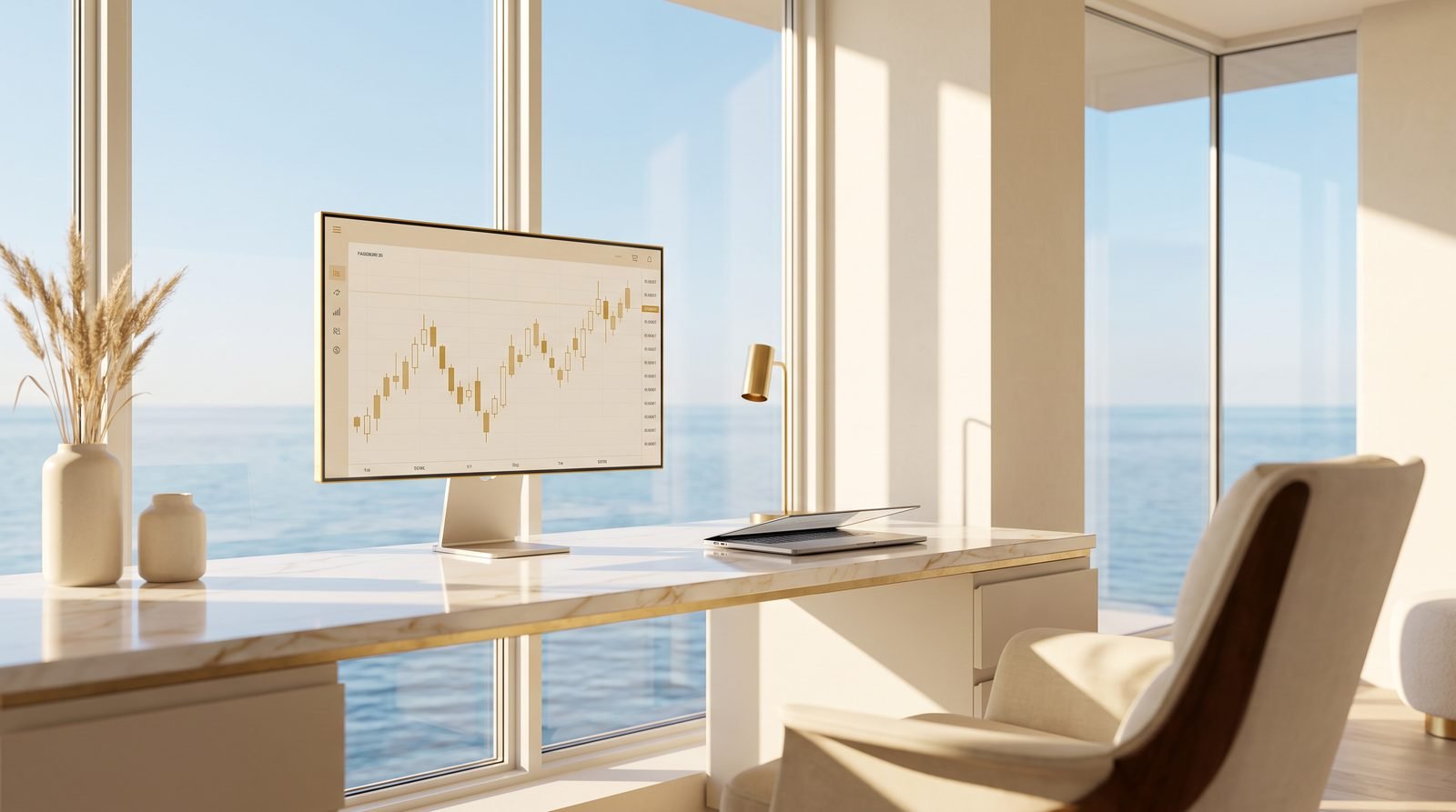 Trading desk with golden charts